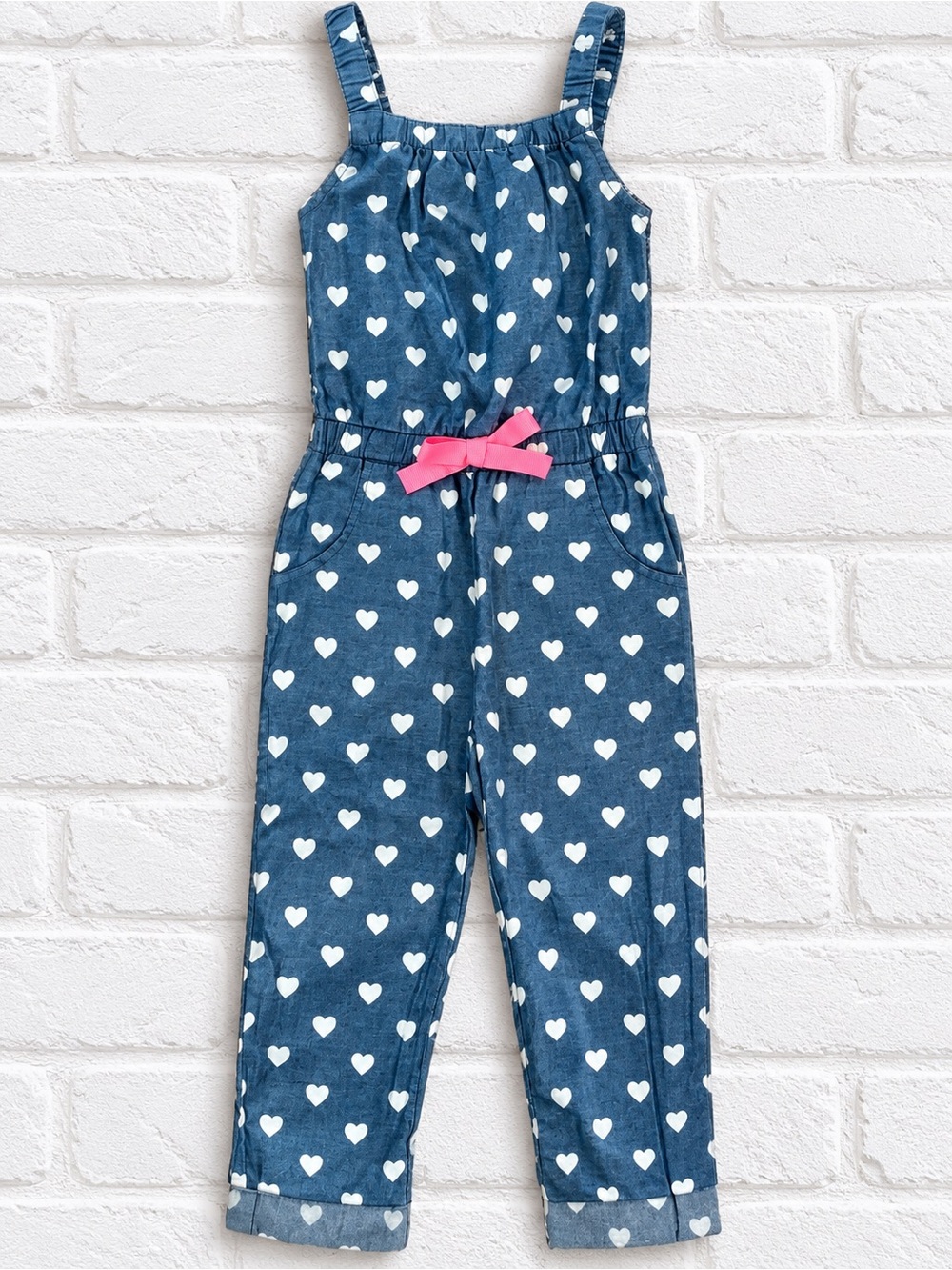 Little Lass | Girls 24M Blue Heart Print Jumpsuit w/ Pink Bow